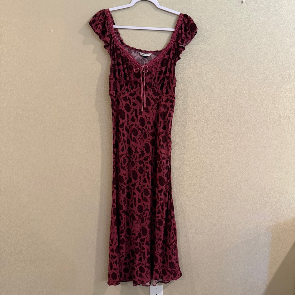 American Eagle Maxi Dress Womens Lrg Burgundy Floral Lace Trim Grunge Fairycore - Picture 5 of 16